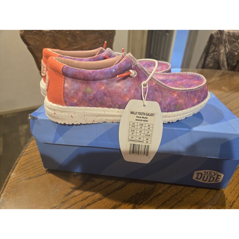 Hey Dudes Wally Youth Galaxy Size 5 Girls Slip On Pink Purple Gold Splatter